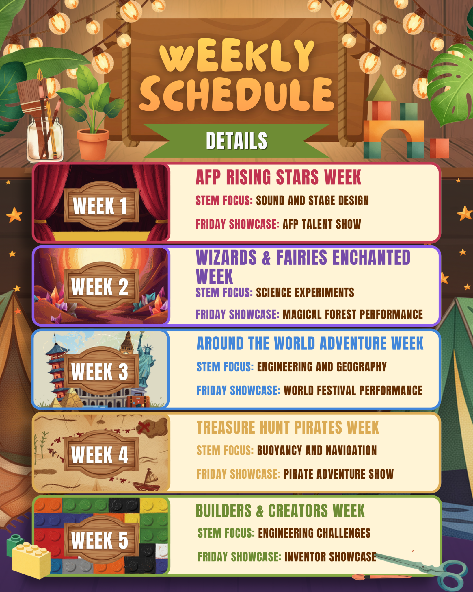 Amazing Fun Park booking schedule for fun activities and events.