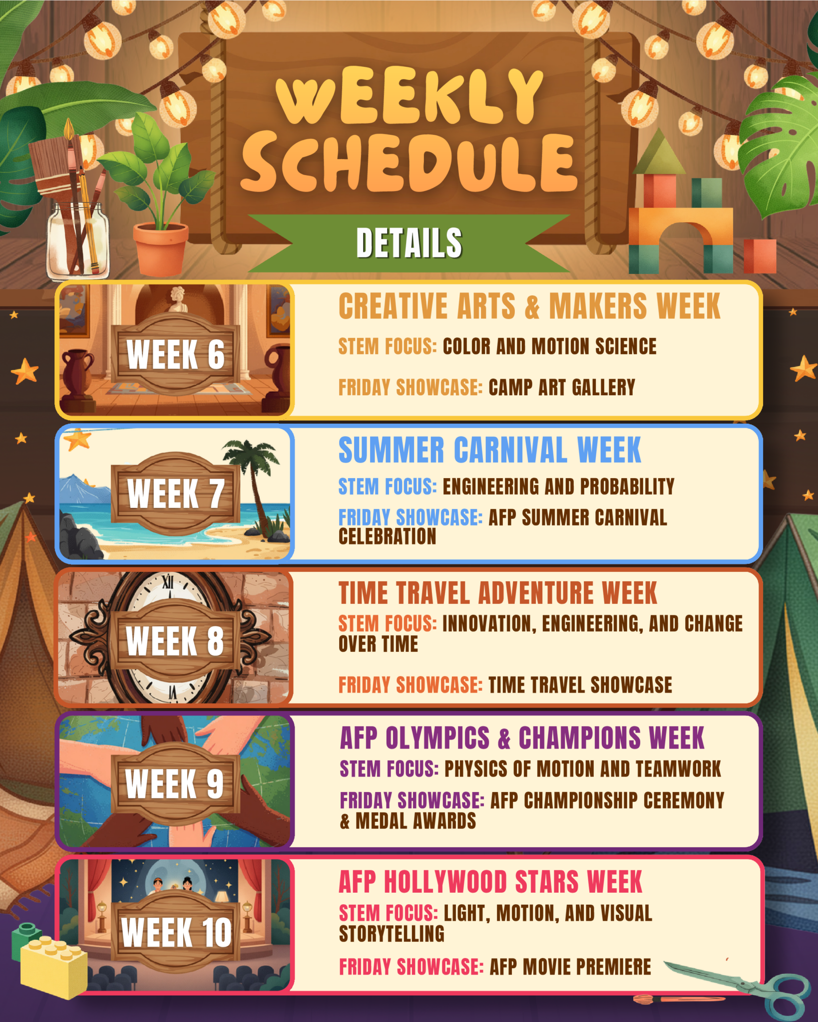 Colorful schedule poster showcasing weekly themed events at Amazing Fun Park for bookings.