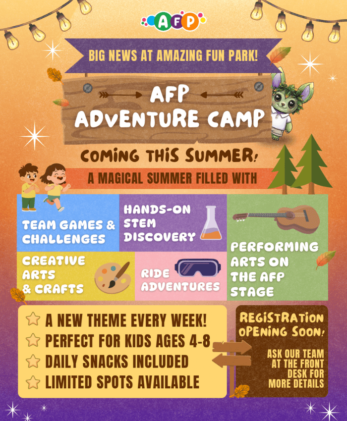 Family-friendly adventure camp at Amazing Fun Park with stage performances.