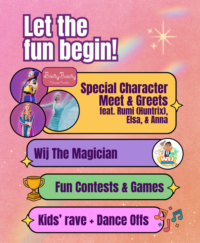 Kids enjoying stage performances at Amazing Fun Park with characters and contests.