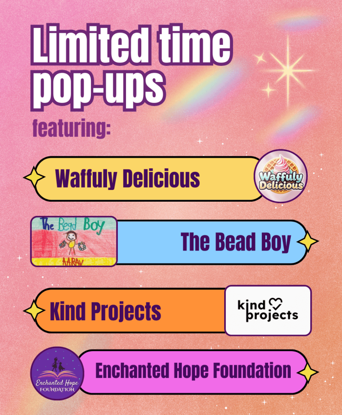 Colorful pop-up banners promoting AFP stage performances and community projects.